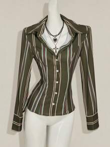 SHEIN ICON 休闲通勤条纹腰长袖衬衫 - 彩色 - 查看 3