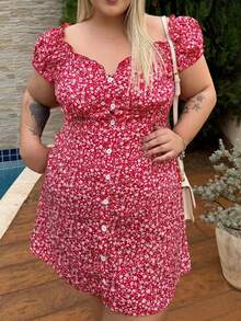 magalhaesca Vintage Plus Size Dress With White Floral Print On Red Base And Puff Sleeve, For Summer,Beach Dress Sundress,Holiday Outfits Boho