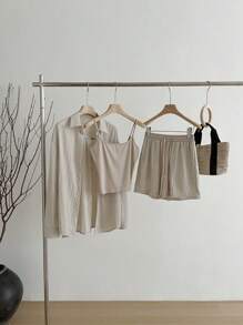 SHEIN Women 3pcs Set: Solid Drop Shoulder Loose Long Sleeve Shirt, Cami Top And Drawstring Waist Shorts, Spring/Summer - Multicolor - View 5