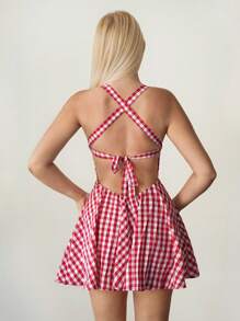 Sweetina 格纹露背交叉系带心形装饰女式迷你连衣裙 - 紅白色 - 查看 2