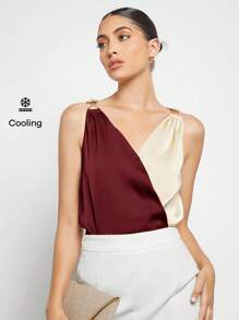 BizChic Women's Colorblock Patchwork Metal Decor Casual Blouse, Simple Urban Commuting Basic Style, Minimalist Fashion Elegant Business Casual For Women, Suitable For Teachers, Office, Weddings, Concerts - Burgundy - View 9