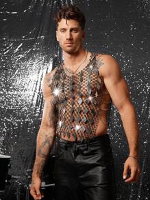 FeverCity Men's Rhinestone Flower Mesh Sexy Top - Black - View 5
