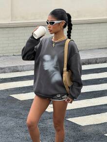 Muchica 超大休闲简约字母图案长袖圆领卫衣女装，适合秋冬季，长袖上衣，男女通用