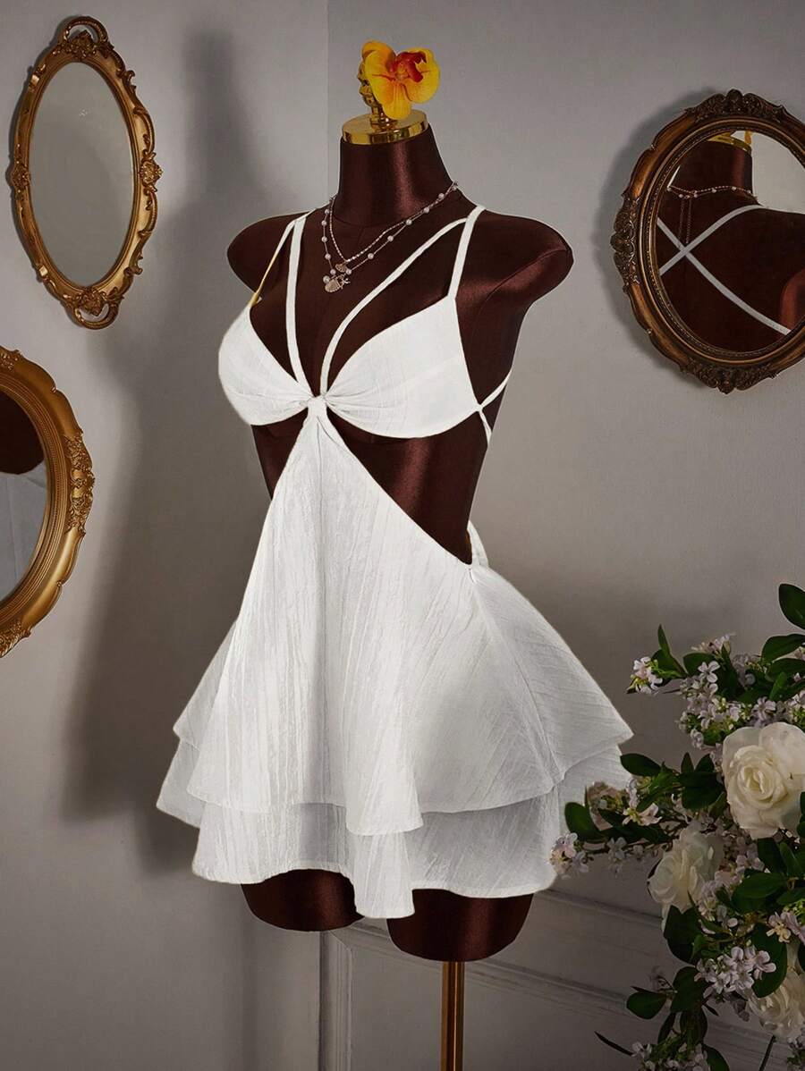 Amplova Women's Solid Color Minimalist Cropped Waist Mini Dress, Casual Everyday Wear White Ruffle Dress,Party Dress