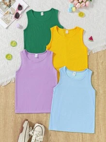 SHEIN Paquete múltiple de top de camiseta de tirantes acanalado de unicolor informal para niña preadolescente - Multicolor - Ver 5