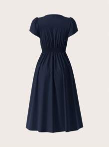 SHEIN Clasi 女士优雅纯色 V 领不对称口袋腰部喇叭形中长连衣裙 - 藏蓝色 - 查看 8