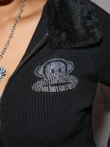 Paul Frank X ROMWE 加大码字母水钻装饰女式紧身撞色仿毛领开衫 - 黑色 - 查看 4