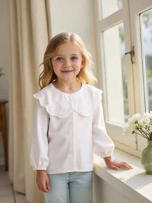 Genkimix Kids 全新年轻女孩时尚甜美蕾丝领白色长袖衬衫，百搭婴儿汗衫 - 白色 - 查看 4