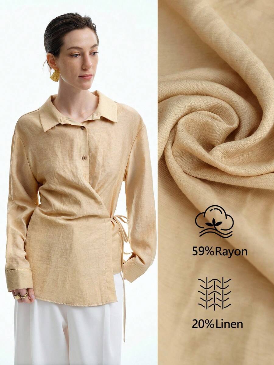 Aalyst Women's Solid Color Long Sleeve Single-Breasted Side Tie Waist Casual Shirt