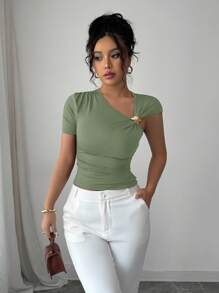 Elenzga 女士优雅不对称领口3D玫瑰金金属纽扣缀饰短袖T恤 - 綠色 - 查看 4