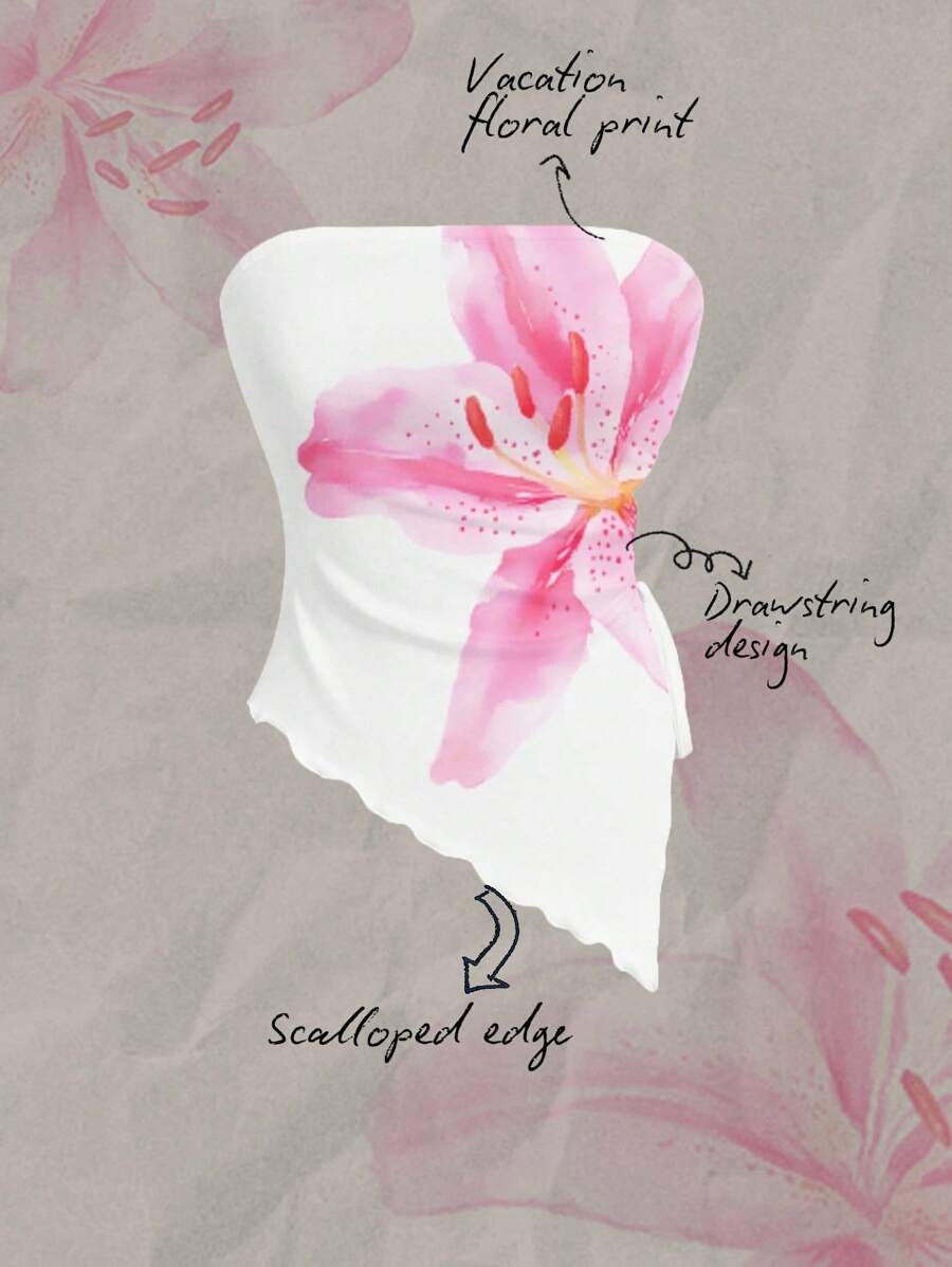 SHEIN MOD 休闲简约女式花卉粉百合印花不对称下摆抹胸上衣，适合夏季、度假沙滩装、春假、女生旅行、返校季 - 彩色 - 查看 1