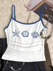 SHEIN 少女法国蓝天使雕像花卉图案，奶油蓝色水彩花卉，蓝色贝壳印花，撞色夏季吊带背心，复古风格，休闲度假风格，时尚，可爱，Y2K椰子女孩波西米亚风春假早午餐准备淡蓝色女孩之旅，霓虹海滩氛围