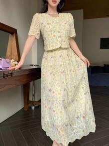 DAZY 两件套女士优雅印花圆领泡泡袖上衣和半裙套装，教师装波西米亚风 - 米色 - 查看 9