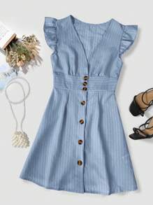 SHEIN Clasi Women's Minimalist Textured Front Button Ruffle Hem Dress, Summer - Blue - View 6