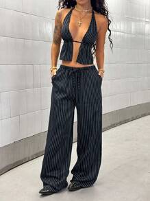 StreetHx 2件套女士休闲纯色上衣和裤子套装 - 藏蓝色 - 查看 5