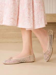 MOTF PREMIUM WOMEN SHOES EUROPEAN AND AMERICAN NEW FASHION RETRO RHINESTONE MESH YARN BOW ROUND TOE FLATS, APRICOT VERSATILE SWEET AND ELEGANT COMFORTABLE AND ADVANCED CLASSIC SHOES - Apricot - View 2