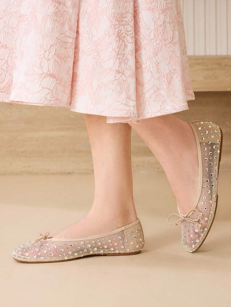 NEW SPRING AND SUMMER BALLET RHINESTONE MESH BOW ROUND TOE FLAT BOTTOM WOMEN'S SHOES APRICOT FAIRY VERSATILE TEMPERAMENT SWEET AND ELEGANT LOW VAMP SHOES COMFORTABLE HIGH-END CLASSIC SHOES SPRING SHOES