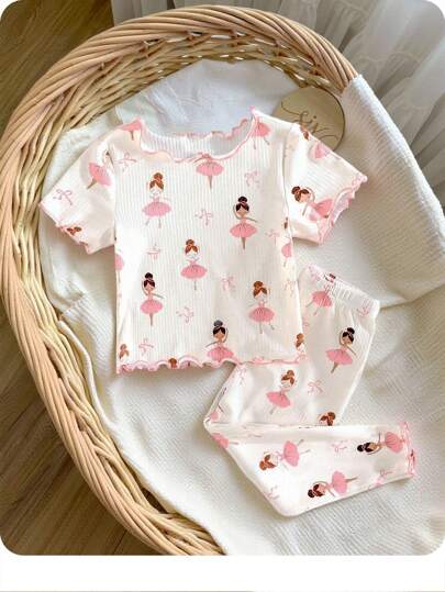 Baby Girl Cartoon Print Ruffle Trim Round Neck Short Sleeve Top And Pants Soft Skin-Friendly Pajamas Set, 2pcs