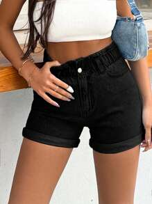 EURMUSE 100%Cotton Rigid, Elastic Band Detailed Shorts - Black - View 6