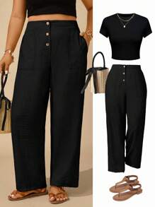 EMERY ROSE Plus Size Casual, Vacation Flattering, Button & Pocket Decor Loose 3/4 Pants Fall - Black - View 1