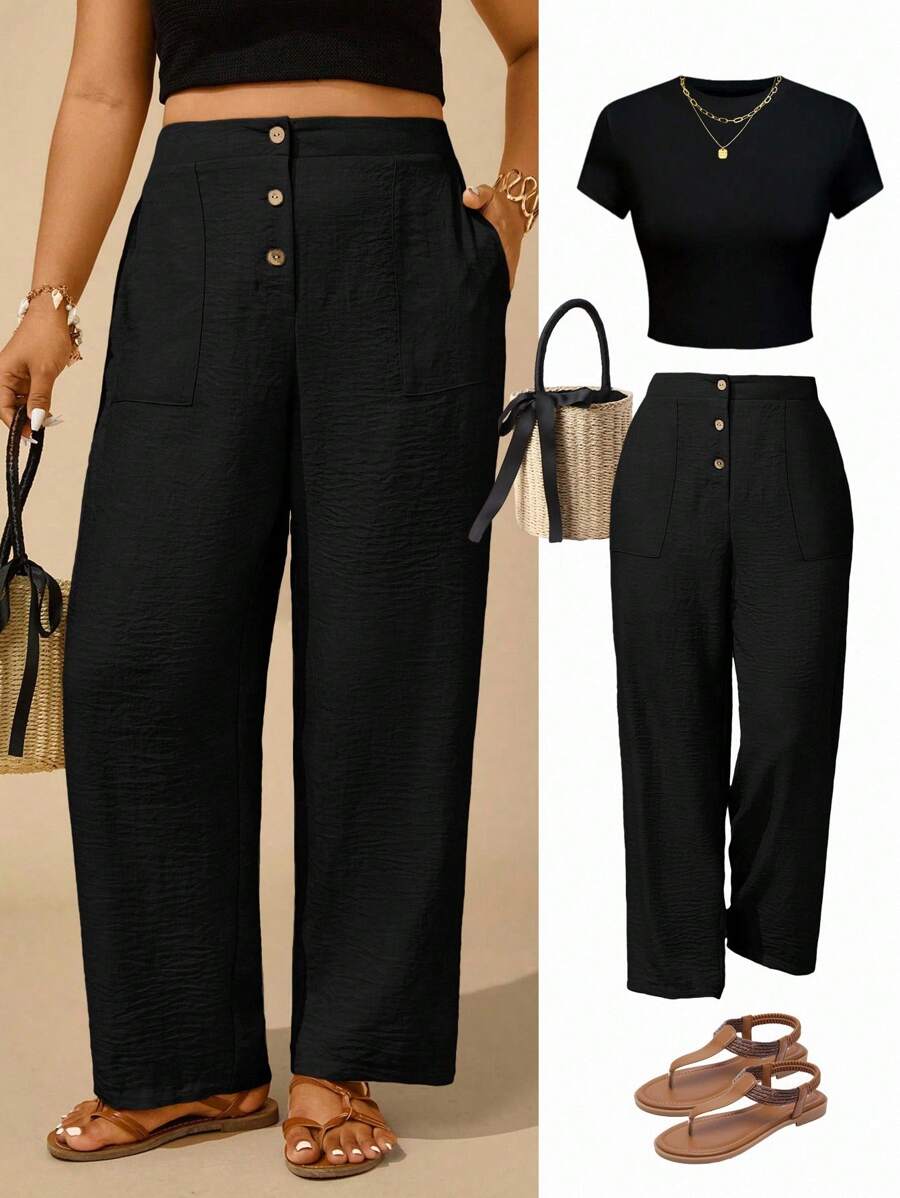 EMERY ROSE Plus Size Casual, Vacation Flattering, Button & Pocket Decor Loose 3/4 Pants Fall - Black - View 1