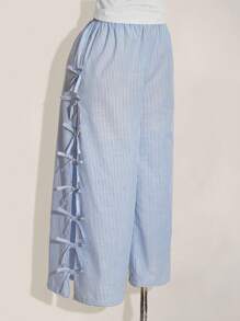 SHEIN ICON 大码蓝白休闲低腰侧系蝴蝶结条纹阔腿裤，适合日常穿着、毕业季、返校季、暑假、秋夏季