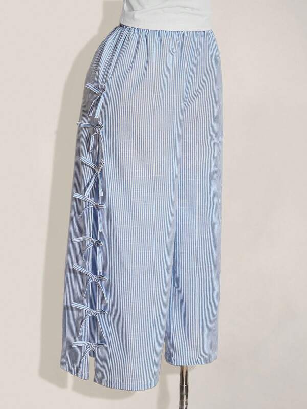 SHEIN ICON Plus Size Blue And White Casual Low Waist Side Tie Bow Striped Wide Leg Pants, Suitable For Daily Wear, Graduation Season, Back To School, Summer Vacation, Autumn/Summer Bow Pants Tie Pants Striped Pants Lace Up Pants Blue Striped Pants