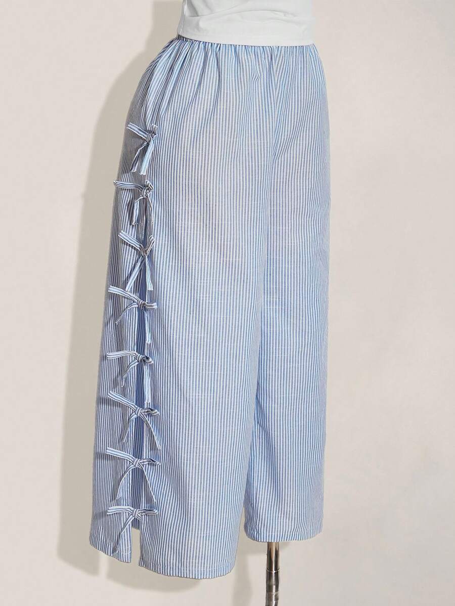 SHEIN ICON 大码蓝白休闲低腰侧系蝴蝶结条纹阔腿裤，适合日常穿着、毕业季、返校季、暑假、秋夏季