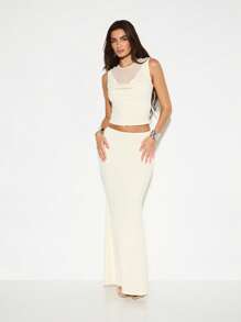 KIZN Sleeveless Cowl Neck Crop Top Evening Party Club Mesh Insert High Fashion Modern Chic Elegant Summer Spring Tank Blouse - Yellow - View 3