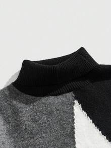 ROMWE MEN Casual 男士休闲宽松高领撞色毛衣，秋冬 - 黑與白 - 查看 4