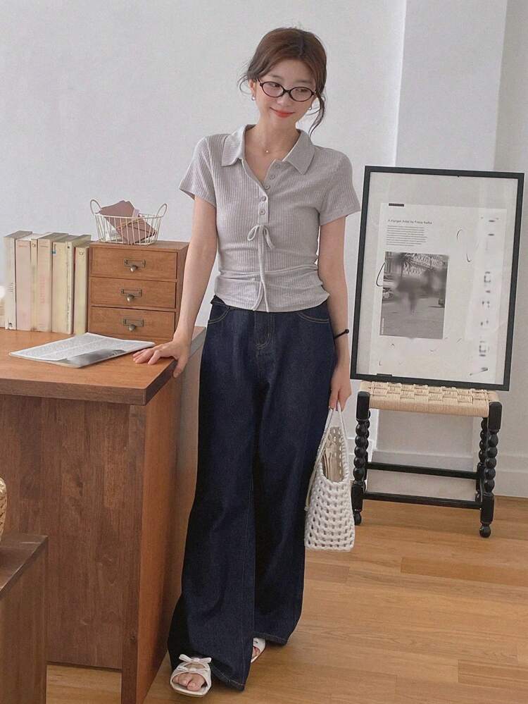 Summer Fitted Casual Textured Striped Bowknot Strap V-Neck Shirt Style Short Sleeve Blouse For Office Wear