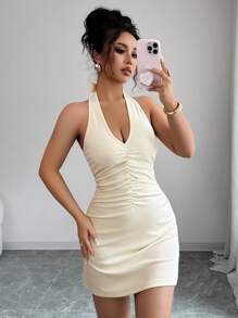 Chiquease Vestido con cuello en V, fruncido en la parte delantera, vestido con espalda descubierta y tirantes con lazo, vestido de cuello halter, vestido de verano, ropa para la universidad - Albaricoque - Ver 1