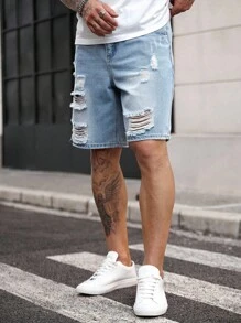 Manfinity Homme 男士休闲破洞牛仔短裤（夏季） - 藍色 - 查看 4