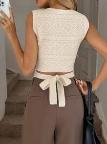 Easowa Women's Casual Vacation Elegant Knit Top With Round Neck, Bowknot Back, And Textured Knit Pattern Tie Up Top Bow Top Cream Top Beige Top Knitted Top Winter Outfits For Women - Apricot - View 1