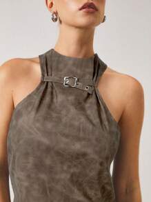 COSMINA Top de mujer con diseño de hebilla ajustable, bajo asimétrico, de moda, color marrón. Top para mujer, prendas superiores para salir, ropa de mujer para otoño - Marrón - Ver 3