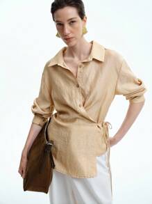 Aalyst Women's Solid Color Long Sleeve Single-Breasted Side Tie Waist Casual Shirt