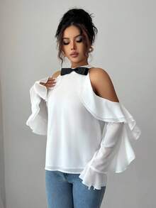 Elenzga Blusa de mujer con volantes y lazo en los hombros, de manga larga - Blanco - Ver 6