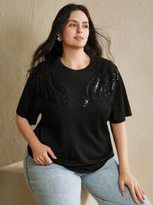 Anewsta Damen handgefertigtes besticktes Flügel Dekor lässiges einzigartiges schwarzes Kurzarm T-Shirt, Sommer, Damen Urlaubskleidung - Schwarz - Übersicht 4