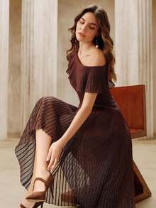 Anewsta Women's Shiny Wavy Ruffle Knit One-Shoulder Dress - Brown - View 1