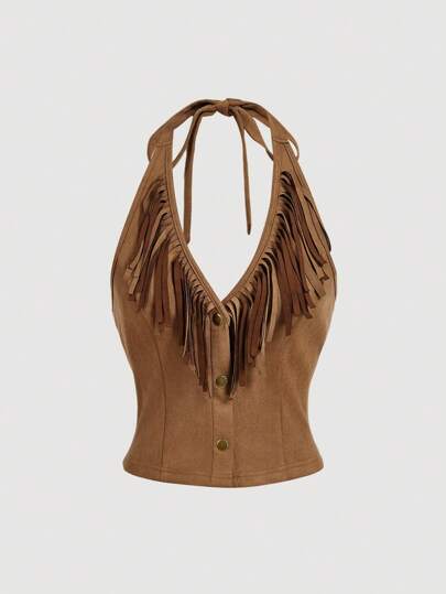 SHEIN MOD V-Neck Halter Tie Collar Fringe Hippie Style Blouse, Going Out Tops, Halter Tops, Hippie, Tassel Decoration, Suede Velvet, Coffee Color, Neckband,  Western Clothing For Women, Rave Outfits Festival, Fall Women Clothes, Vacation