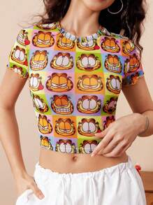 GARFIELD | SHEIN Women's Summer Y2K Cute Cartoon Cat Graphic Print Slim Fitted Cropped Top,Cute Mesh Top,Back To School