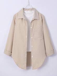 SHEIN Tween Girl Striped Sun Protection Shirt, Japanese And Korean Style, Spring And Summer,Holiday,Summer,Travel Fall Winter - Brown - View 9