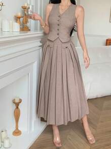 DAZY 女式纯色V领背心和百褶裙两件套 - 卡其色 - 查看 6