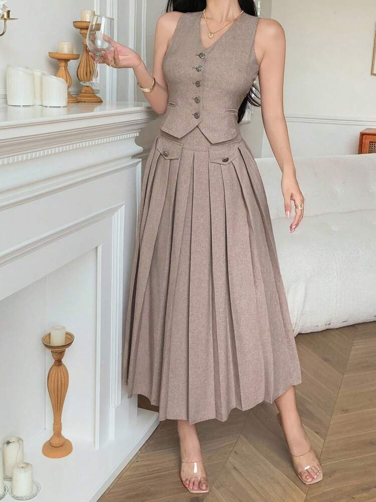Solid Color V-Neck Tank Top & Pleated Skirt 2 Pieces Set For Women Short Sets For Women