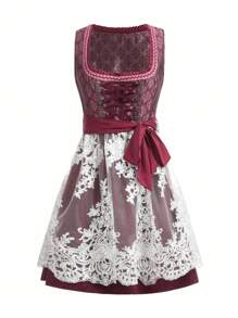 Serisse 女式复古刺绣网眼撞色无袖连衣裙 女式复古 V 领系带束腰连衣裙 女式撞色蕾丝短袖方领腰带全身印花甜美荷叶边下摆连衣裙 慕尼黑啤酒节连衣裙 慕尼黑啤酒节节日连衣裙 慕尼黑啤酒节节日连衣裙 慕尼黑啤酒节节日 - 酒紅色 - 查看 9