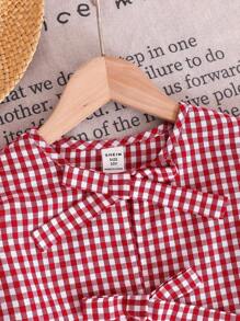 SHEIN 女宝宝休闲舒适圆领蝴蝶结装饰泡泡袖衬衫和短裤套装