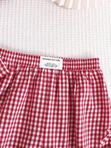 SHEIN 女宝宝休闲舒适圆领蝴蝶结装饰泡泡袖衬衫和短裤套装