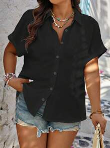 EMERY ROSE Blusa casual holgada de manga corta tipo murciélago de unicolor para mujer de talla grande - Negro - Ver 3