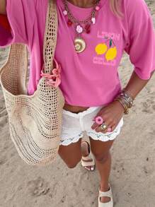 DrmWander 女士休闲字母和柠檬印花落肩短袖 T 恤，夏季 - 玫紅色 - 查看 2