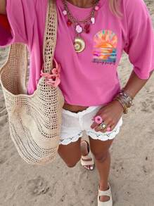 DrmWander Women's Casual Letter & Painting Print Drop Shoulder Short Sleeve T-Shirt, Summer